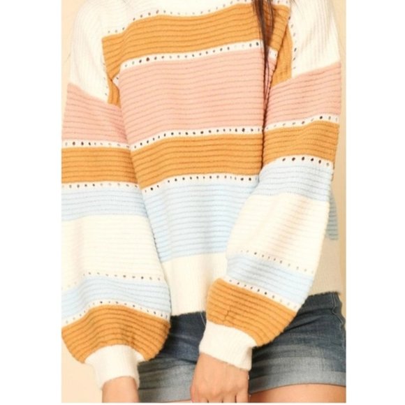 NWT Lumiere Multi-Stripe Balloon Sleeve Sweater. - Picture 2 of 10